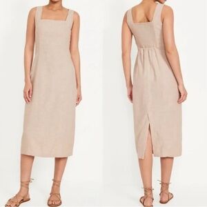NWT Old Navy Linen Blend Dress Smocked Classic Minimalist Tan - Size XL
